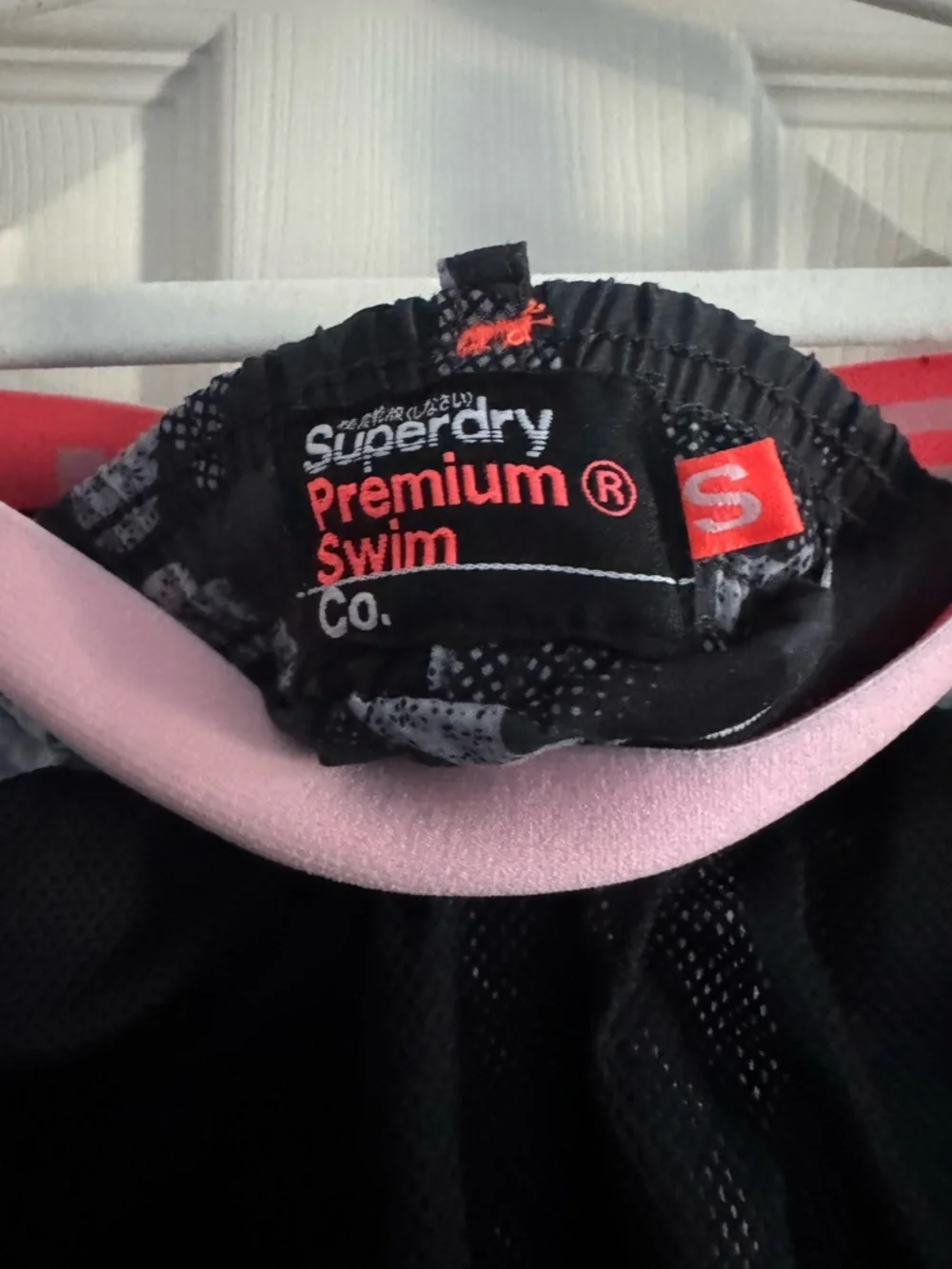 Superdry Men’s Camo Swim Trunks Shorts Black Gray Neon Coral Logo Size S